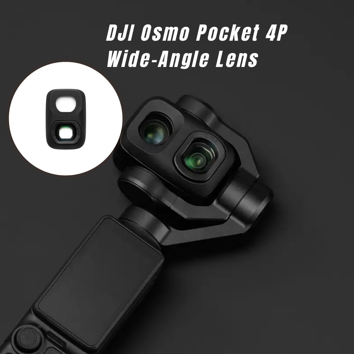 DJI Osmo Pocket 4P wide-angle lens attachment in black, shown on a dark background with a white circular inset highlighting the lens shape and text reading 'DJI Osmo Pocket 4P Wide-Angle Lens'.