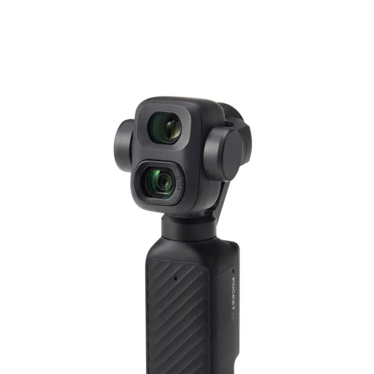 DJI OSMO POCKET 4P WIDE ANGLE LENS GLASS FILTER, A close-up of a black handheld gimbal camera with dual front lenses, shown against a plain white background.