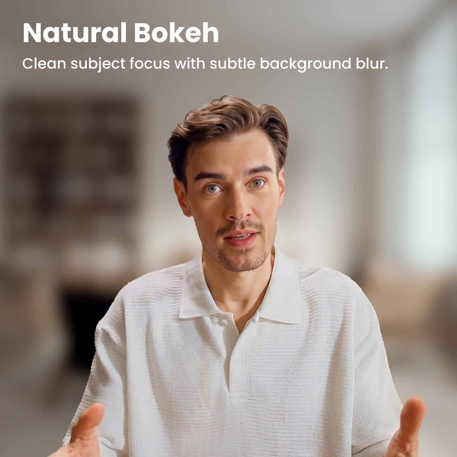 INSTA360 LINK 2 PRO & 2C PRO 4K AI WECAM, NATURAL BOKEH, Man in a white shirt with a blurred background, demonstrating natural bokeh effect.