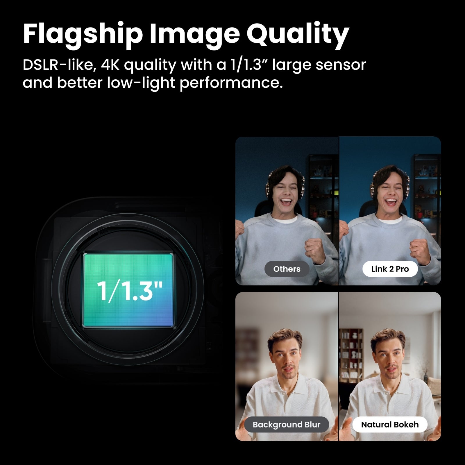 INSTA360 LINK 2 PRO & 2C PRO 4K AI WECAM. LOW LIGHT, Camera sensor with text about 4K quality and large sensor, showing before and after effects on a person.