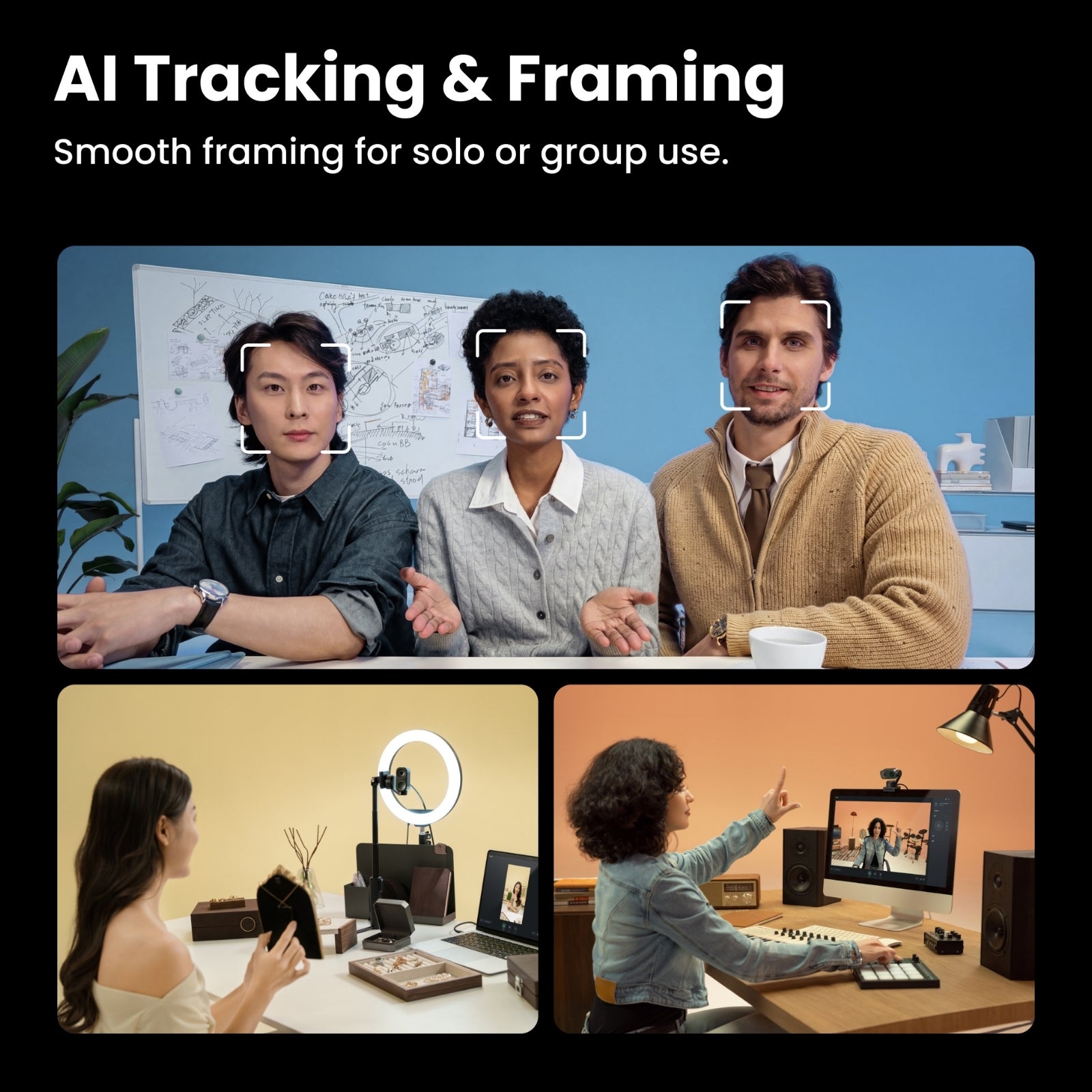INSTA360 LINK 2 PRO & 2C PRO 4K AI WECAM, AI TRACKING FRAMING Collage of people in a meeting with AI tracking and framing text above.