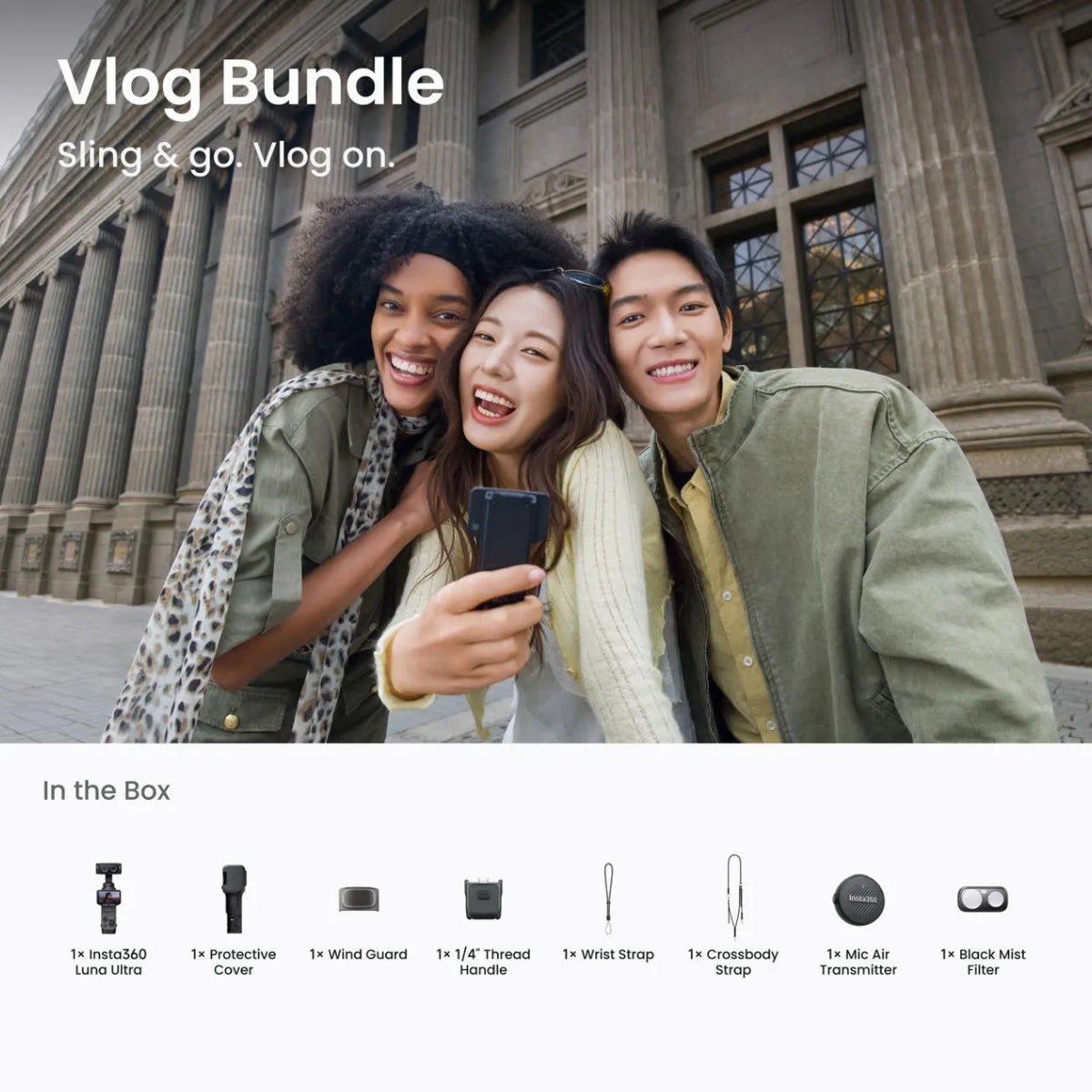 INSTA360 LUNA ULTRA POCKET GIMBAL CAMERA, LEICA, 8K, VLOG BUNDLE, COMBO, BLACK VERSION, IN THE BOX. Three people taking a selfie with a smartphone in front of a building, promoting a 'Vlog Bundle' with accessories listed below.