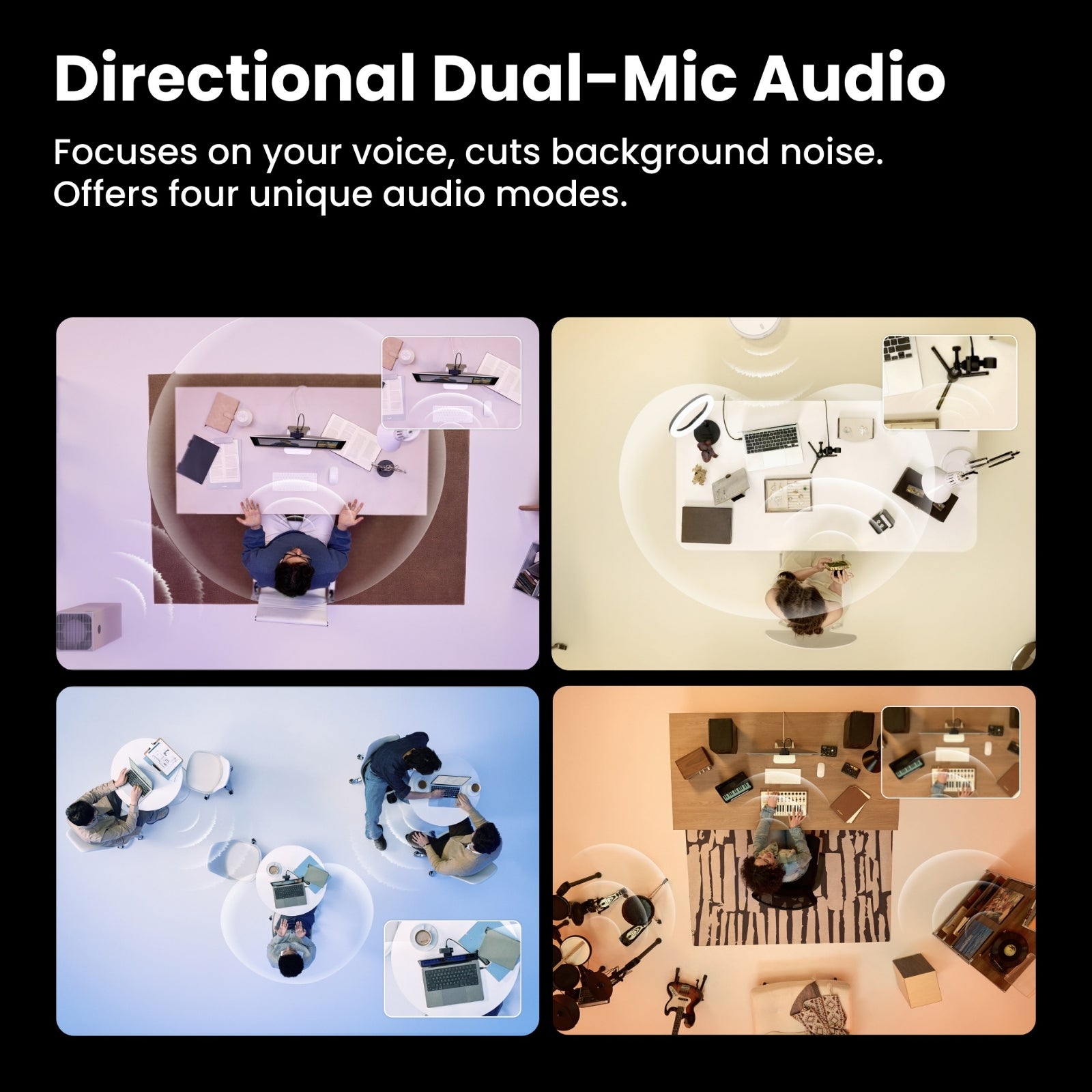 INSTA360 LINK 2 PRO & 2C PRO 4K AI WECAM, DIRECTIONAL DUAL-MIC AUDIO, Four different views of a meeting room with people using laptops, highlighting directional dual-mic audio feature.