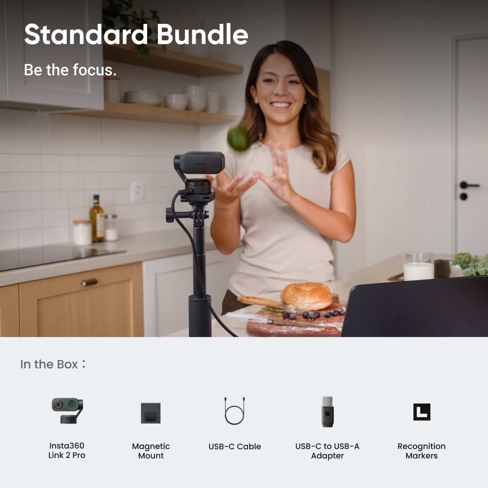 INSTA360 LINK 2 PRO 4K AI WECAM, Woman in a kitchen with camera equipment, promoting a 'Standard Bundle' with product list below.