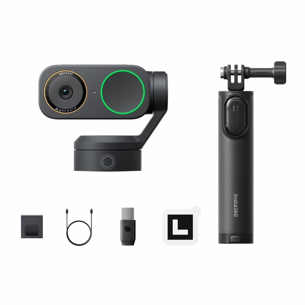 INSTA360 LINK 2 PRO & 2C PRO 4K AI WECAM, TRIPOD KIT, COMBO, WEB camera with accessories on a white background