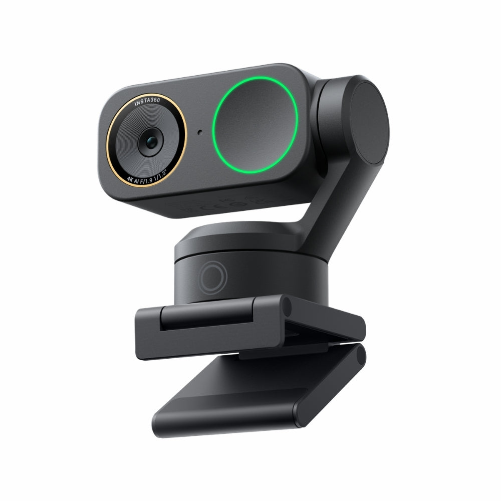 INSTA360 LINK 2 PRO 4K AI WECAM, FRONT VIEW, Black webcam with a flexible arm on a white background