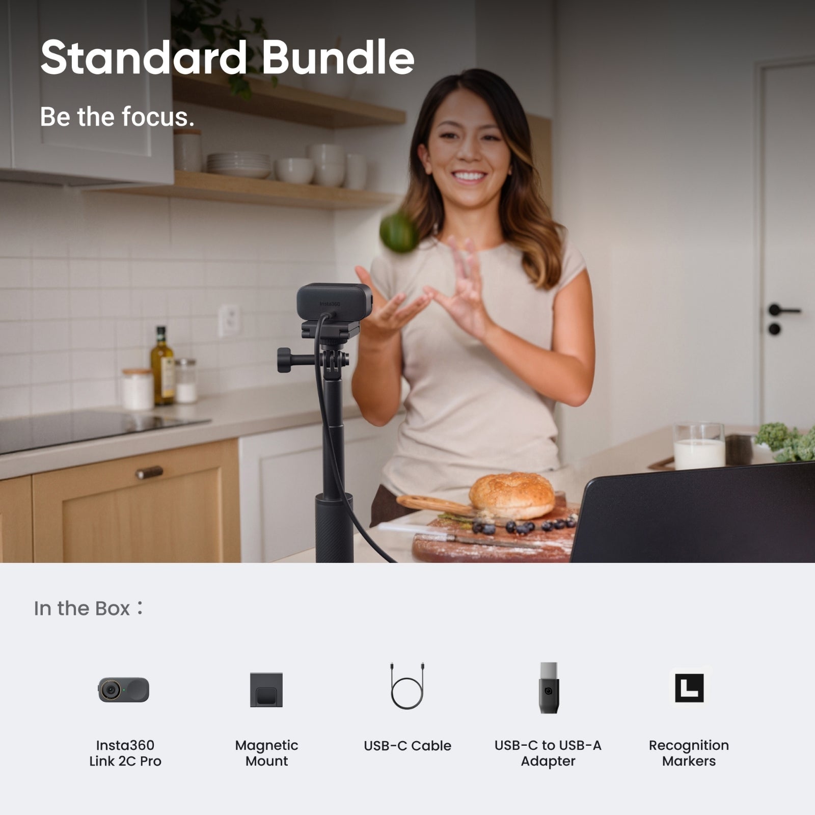 INSTA360 LINK 2C PRO 4K AI WECAM, STANDARD KIT, Woman in a kitchen with camera equipment, smiling at the camera.