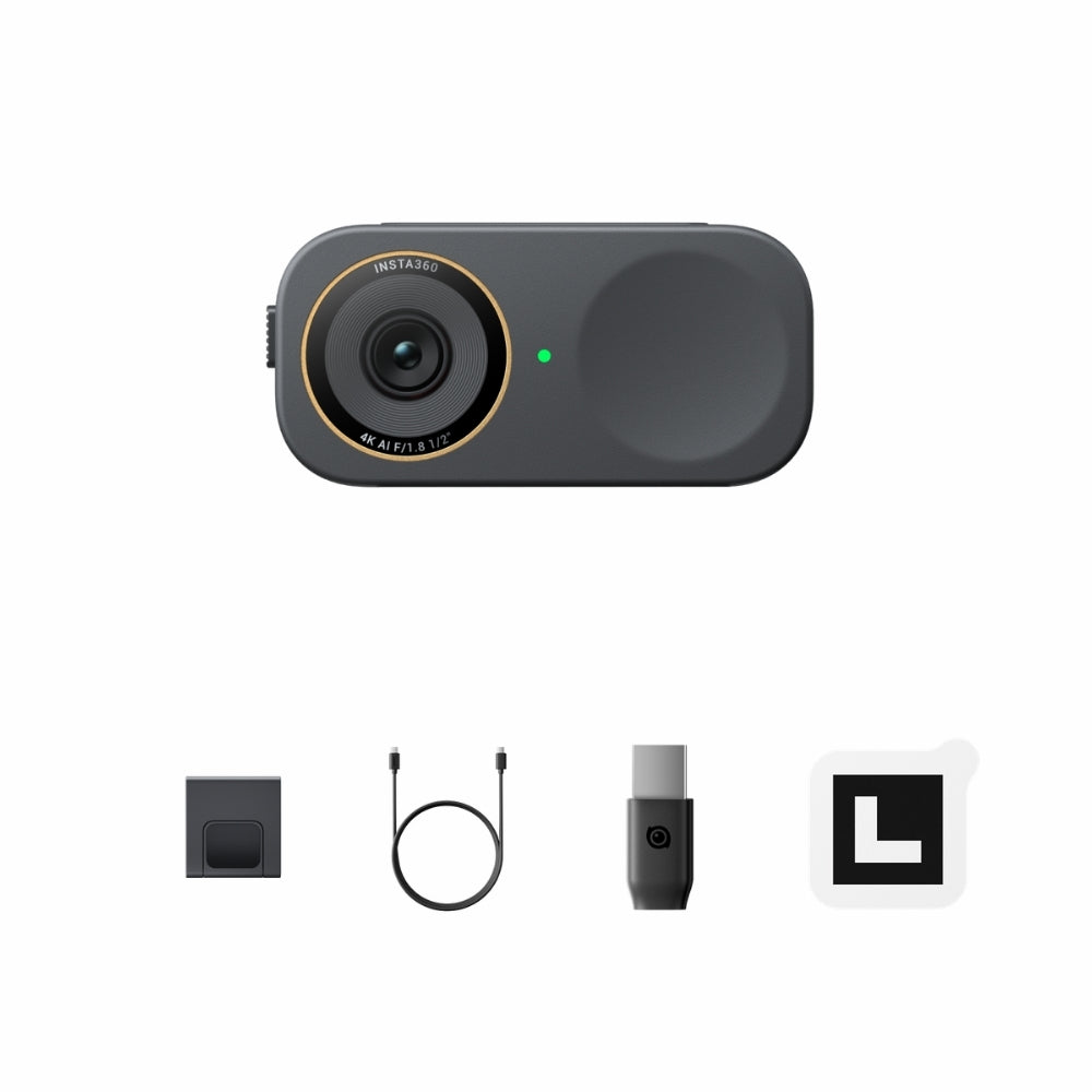 INSTA360 LINK 2C PRO 4K AI WECAM, STANDARD KIT, Black camera device with accessories on a white background