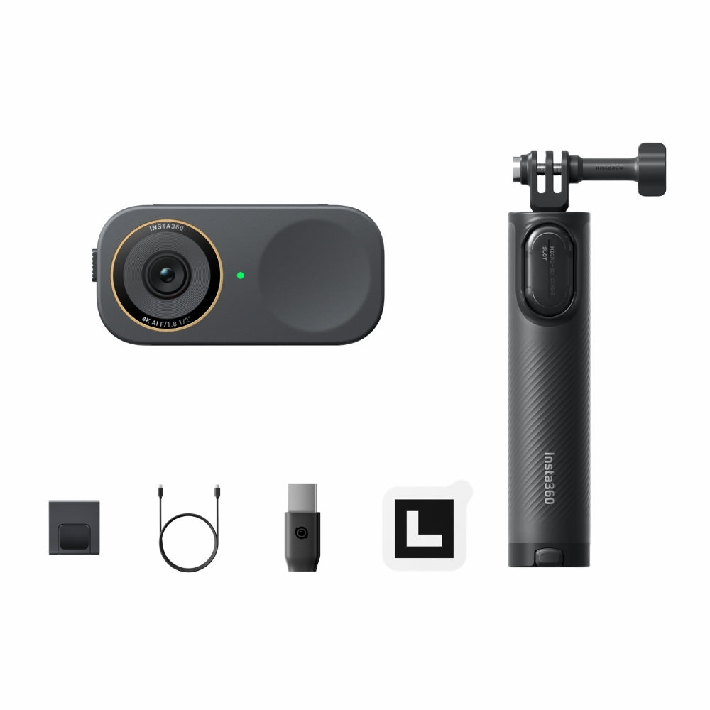 INSTA360 LINK 2C PRO 4K AI WECAM, TRIPOD COMBO, Collection of electronic devices including a camera and a remote control on a white background