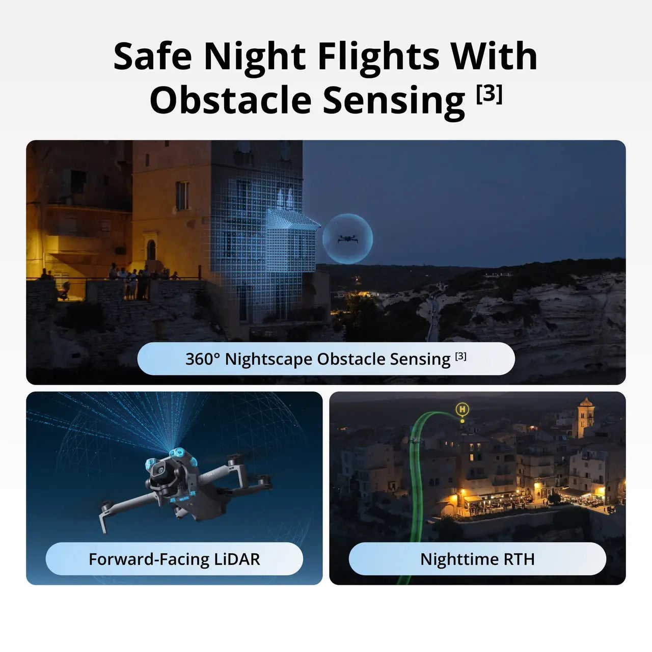 DJI MINI 5 Drones with obstacle sensing technology in a nighttime setting. SAFE NIGHT FLIGHTS WITH OBSTACLE SENSING