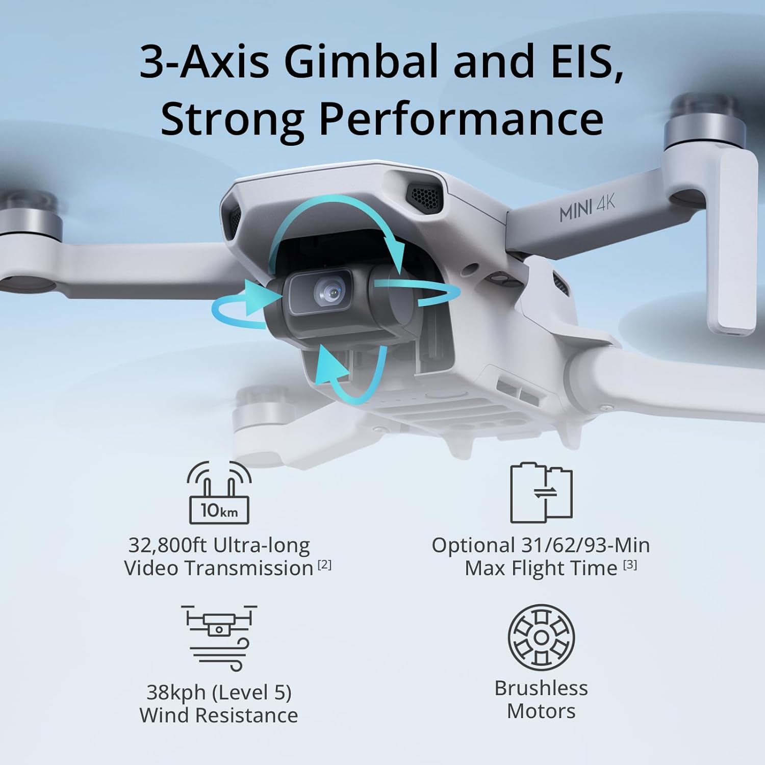DJI Mini 4K drone CAMERA 3-AXIS GIMBAL EIS LEVEL 5 WIND RESISTANCE 32800FT VIDEO TRANSMISSION