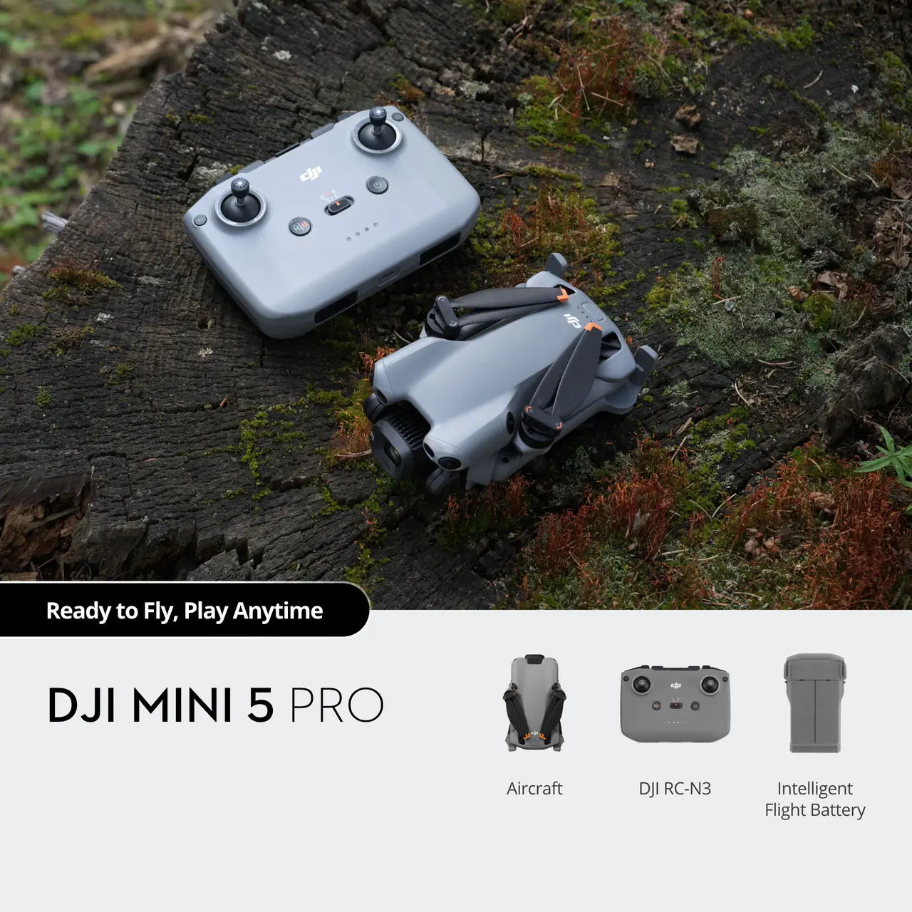 DJI Mini 5 Pro drone and its components on a wooden surface with text 'Ready to Fly, Play Anytime'.