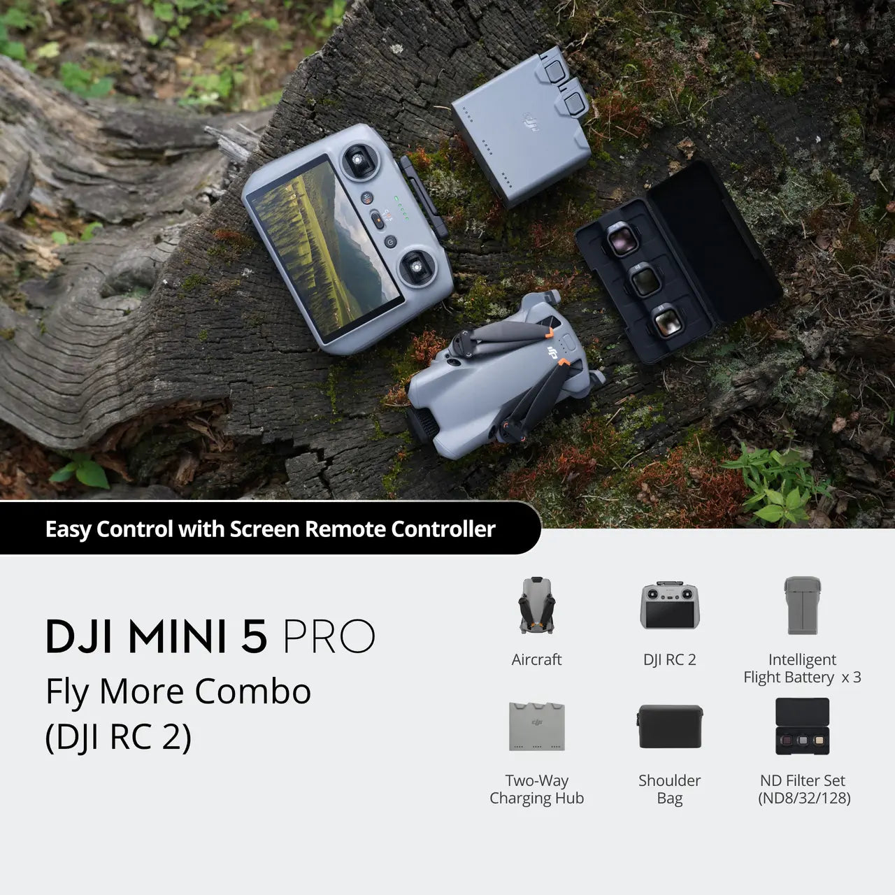 DJI Mini 5 Pro Fly More Combo DJI RC 2 on a wooden surface with text about easy control and screen remote. EASY CONTROL WITH SCREEN REMOTE controller.