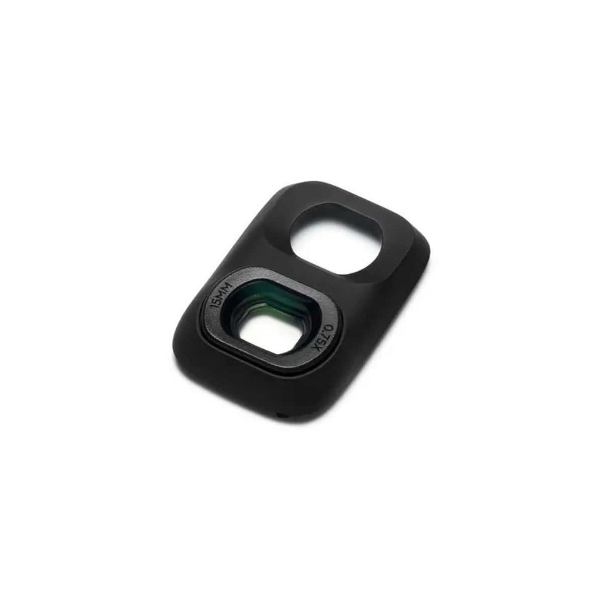 DJI OSMO POCKET 4P WIDE ANGLE LENS GLASS FILTER, A black rectangular camera lens filter with rounded corners, featuring a square cutout in the center and a circular cutout at the top, shown on a plain white background.