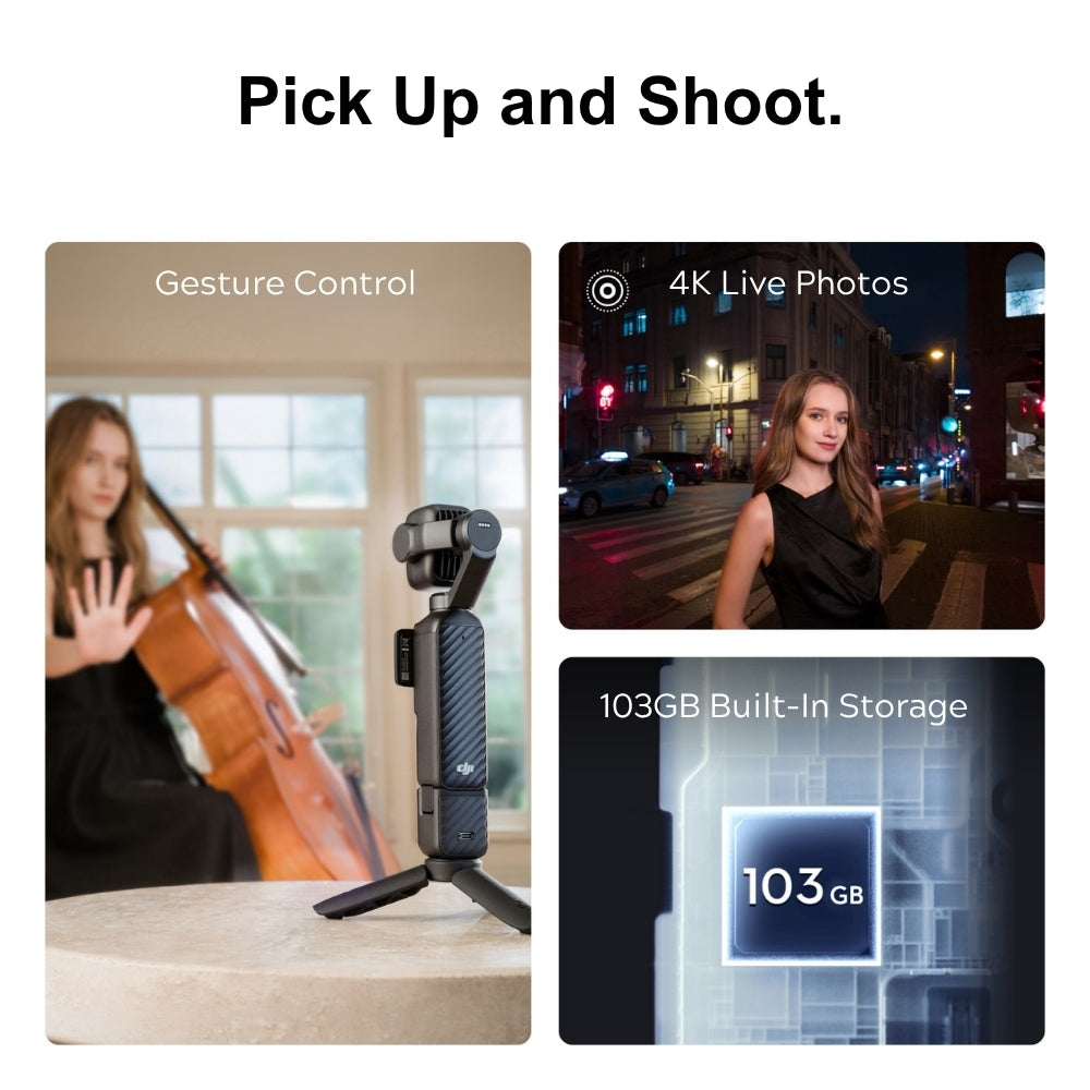 DJI Osmo Pocket 4P Dual-Camera Pocket Gimbal, 1-Inch Sensor, 60mm 3x Zoom, black, white. Camera with gesture control, 4K live photos, and 103GB storage on a white background.