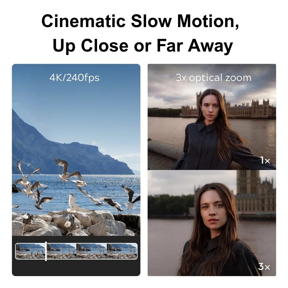 DJI Osmo Pocket 4P Dual-Camera Pocket Gimbal, 1-Inch Sensor, 60mm 3x Zoom, black, white. 4k, 240fps, Comparison of cinematic slow motion effects with text overlay on a scenic and portrait setting.