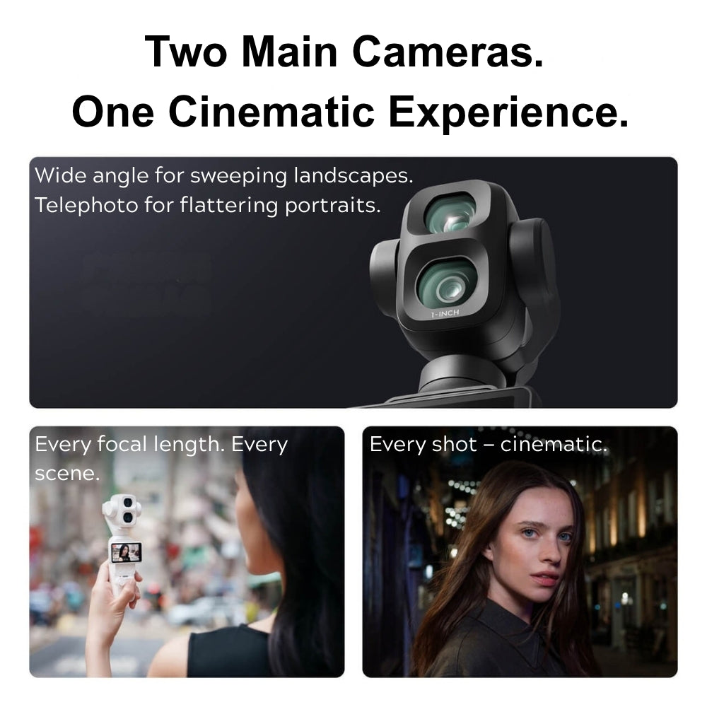 DJI Osmo Pocket 4P Dual-Camera Pocket Gimbal, 1-Inch Sensor, 60mm 3x Zoom, black, white. Two Main Cameras. One Cinematic Experience. Camera system with wide-angle and telephoto lenses, shown with lifestyle images of a person using the camera.