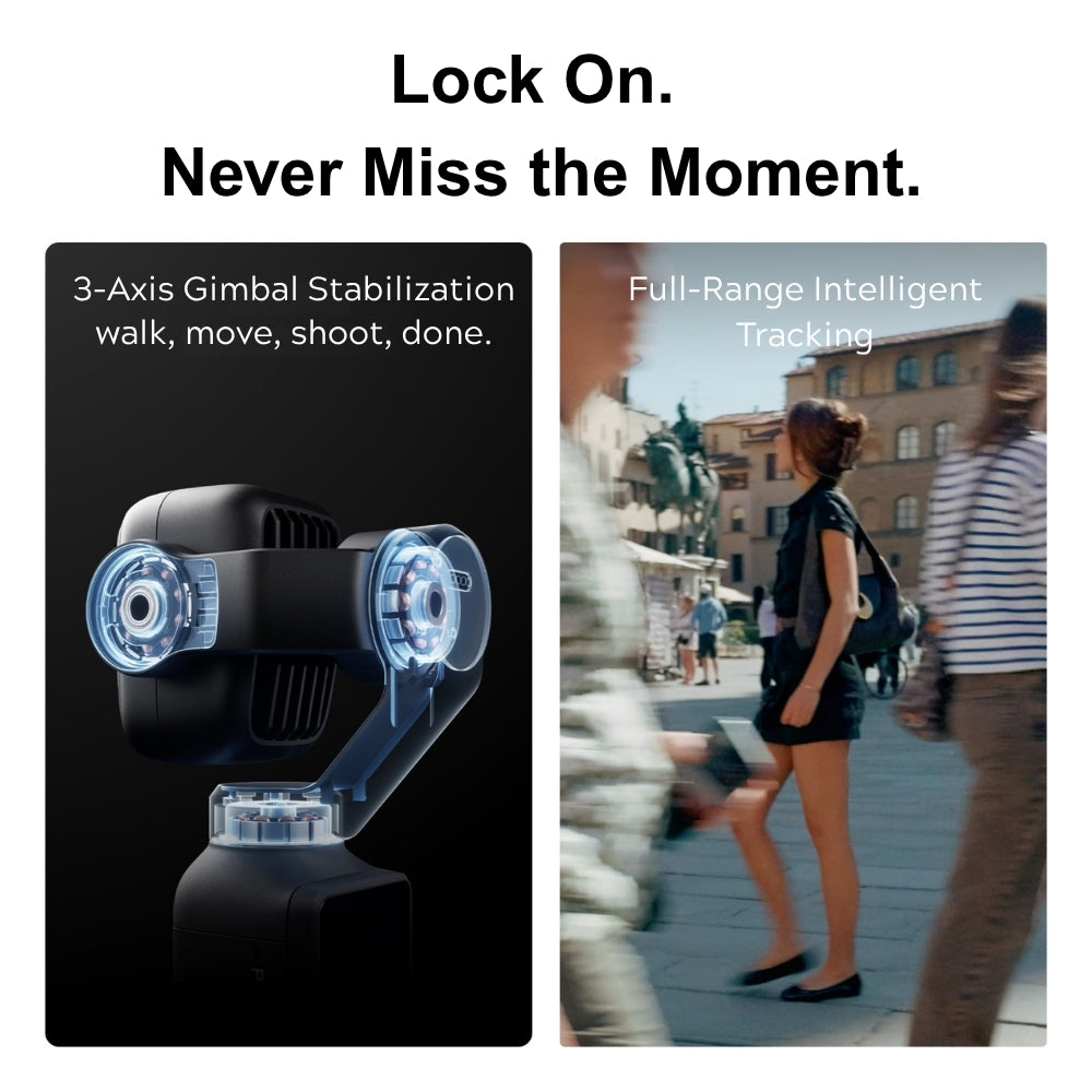 DJI Osmo Pocket 4P Dual-Camera Pocket Gimbal, 1-Inch Sensor, 60mm 3x Zoom, black, white. 3-Axis Gimbal Stabilization. Camera gimbal with text 'Lock On. Never Miss the Moment.' and a scene of people walking.