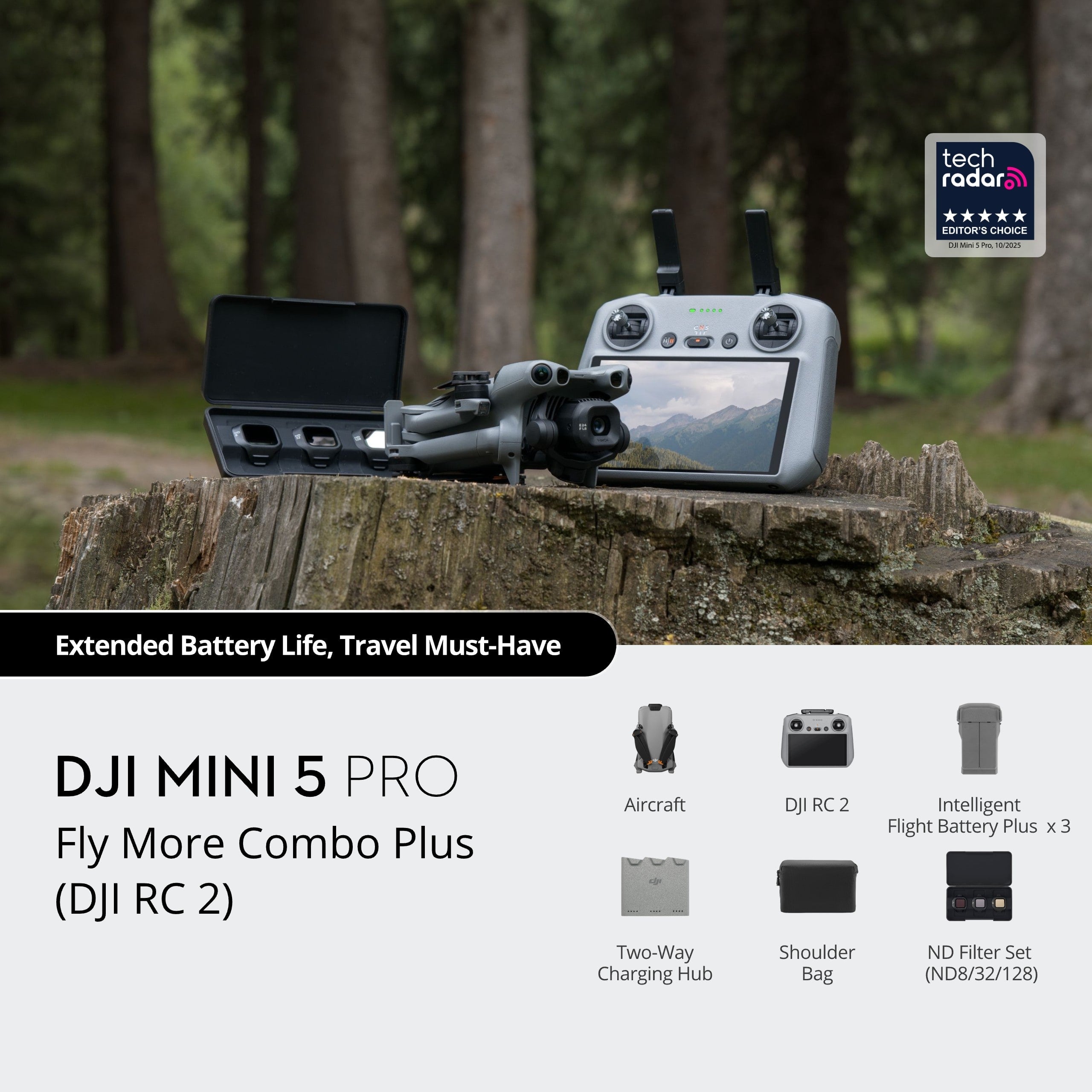 DJI Mini 5 Pro Fly More Combo Plus DJI RC 2 on a tree stump with forest background. EXTENDED BATTERY LIFE TRAVEL MUST-HAVE
