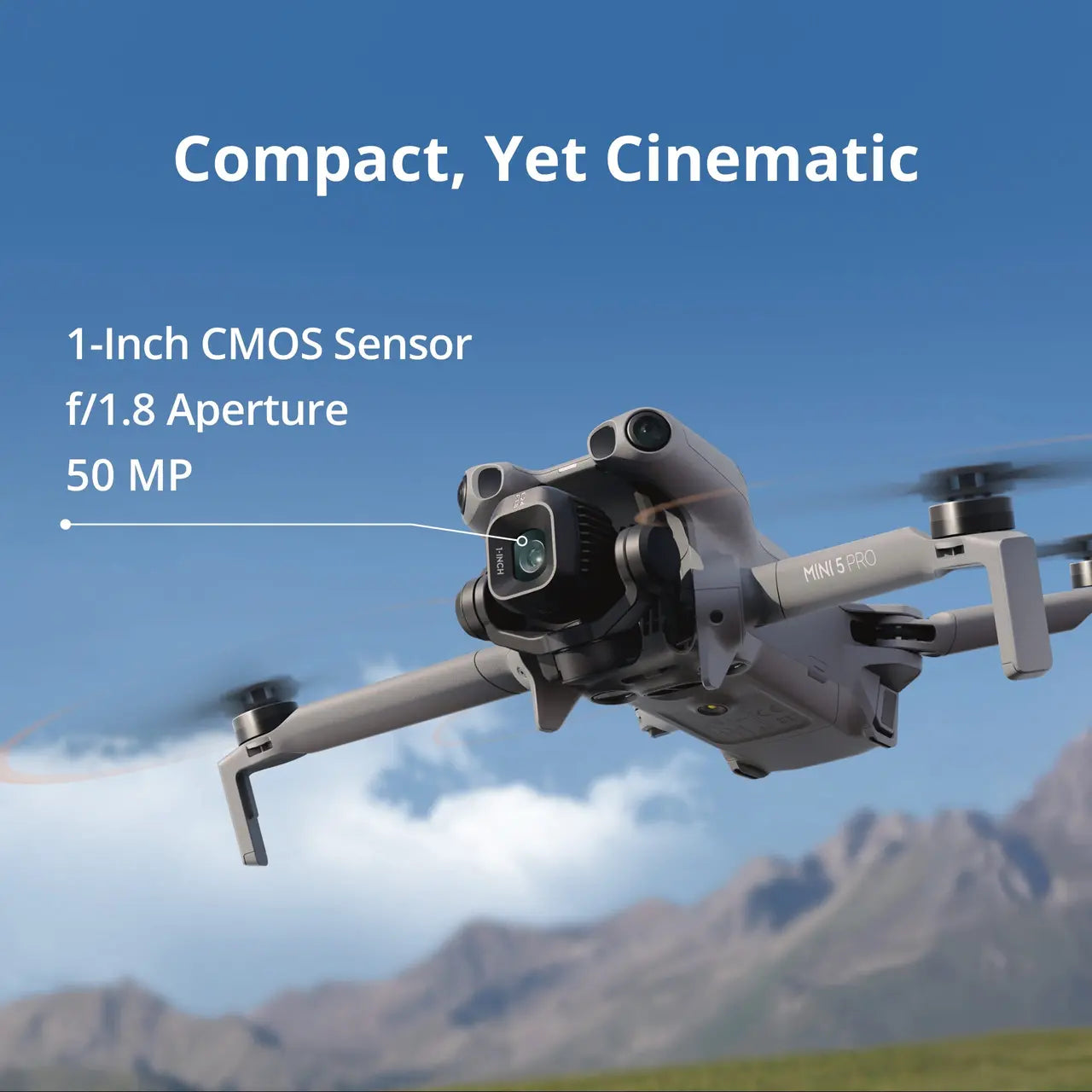 DJI Mini 5 Pro Drone flying with mountain backdrop and technical specifications text overlay COMPACT YET CINEMATIC