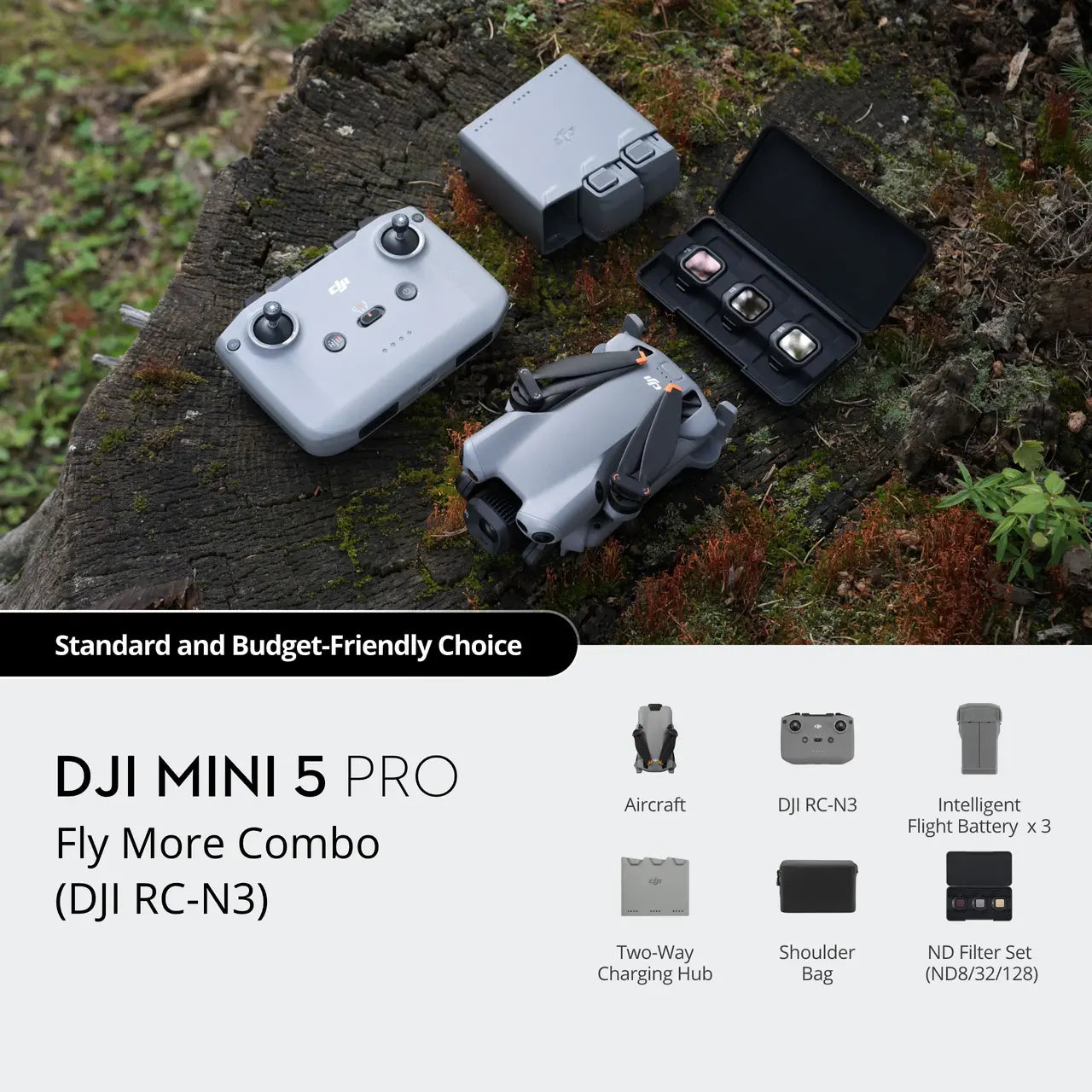 DJI Mini 5 Pro Fly More Combo DJI RC-N3 on a wooden surface with product details below. STANDARD BUDGET-FRIENDLY CHOICE