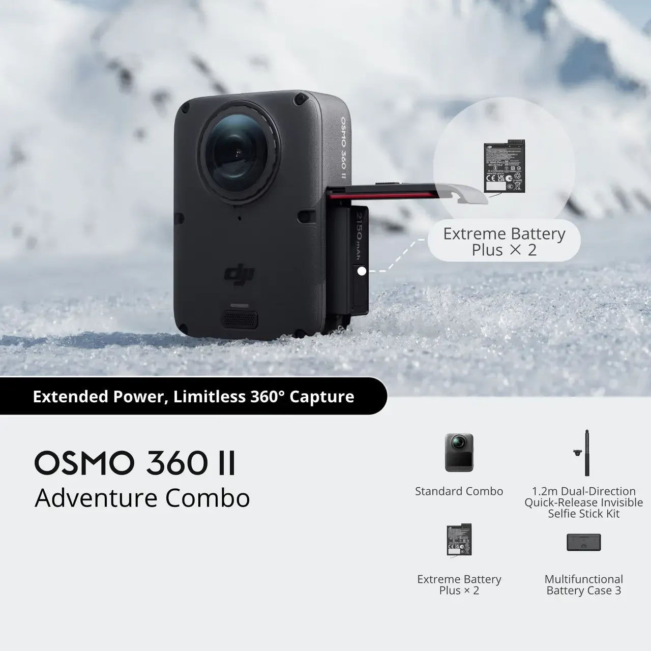 DJI OSMO 360 II 2 MARK 2, ADVENTURE COMBO, Promotional graphic for the DJI OSMO 360 II Adventure Combo in a snowy outdoor setting, showing the camera with an extended battery pack. Includes text overlays detailing included accessories such as two Extreme Batteries Plus, a 1.
