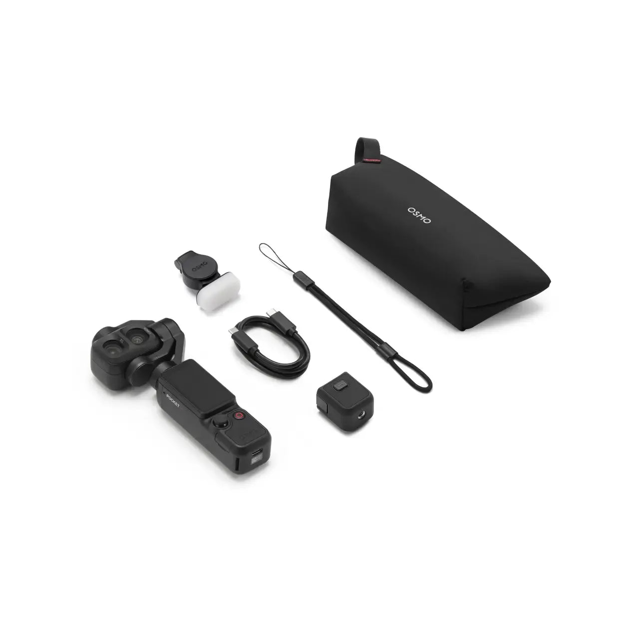 DJI Osmo Pocket 4P Dual-Camera Pocket Gimbal, 1-Inch Sensor, 60mm 3x Zoom, black, Standard Combo, in the box. Camera accessories including a case, remote control, and other small components on a white background.