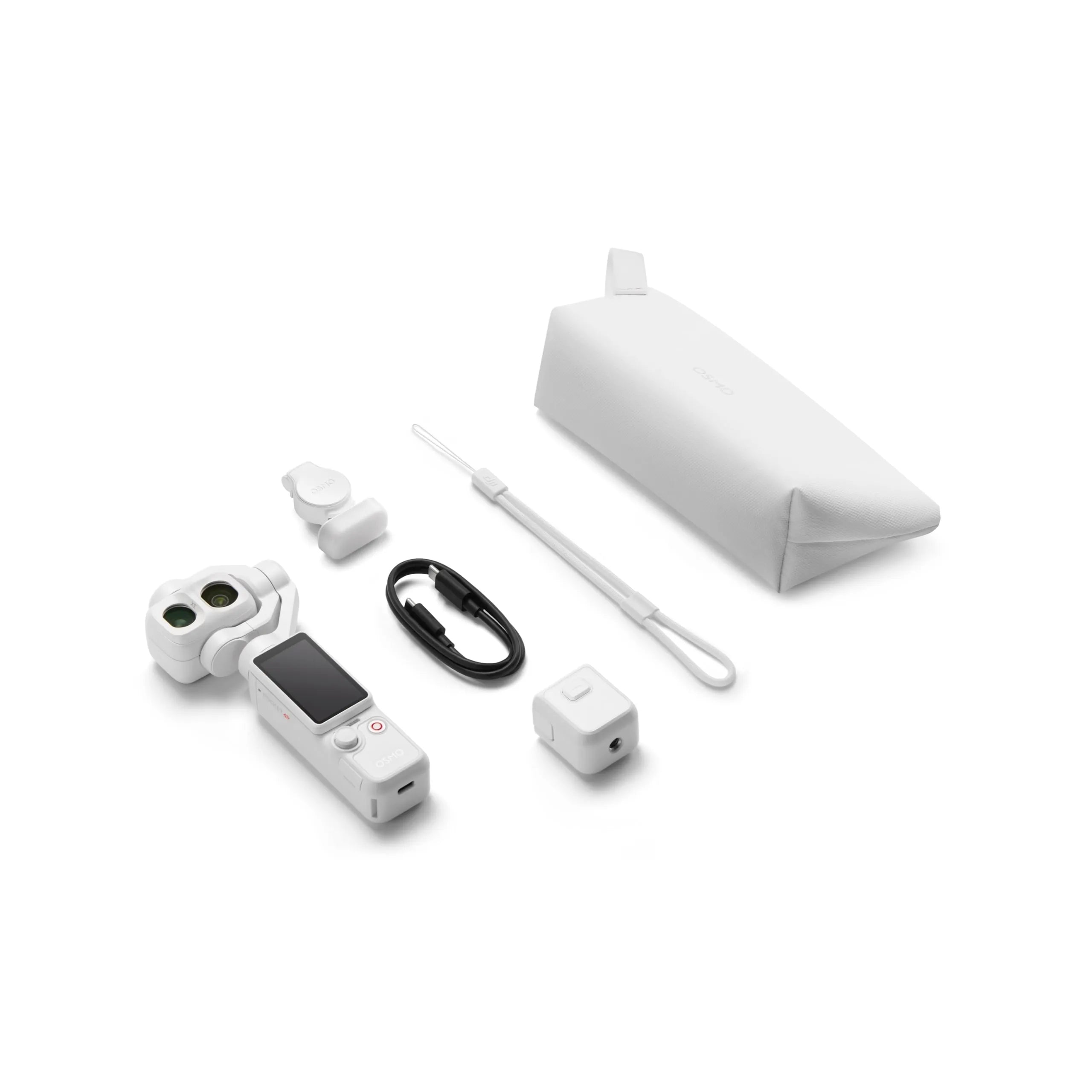 DJI Osmo Pocket 4P Dual-Camera Pocket Gimbal, 1-Inch Sensor, 60mm 3x Zoom, white, Standard Combo, in the box. Collection of electronic devices including a camera, battery pack, and accessories on a white background