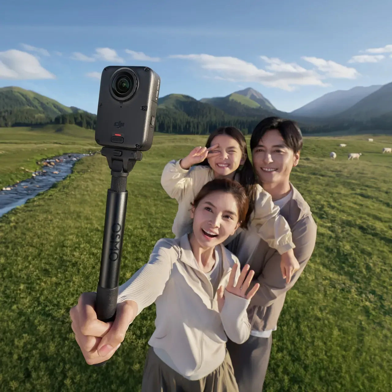 DJI OSMO 360 II 2 MARK 2, Three people taking a selfie with a handheld gimbal camera in a green mountain meadow under a blue sky.