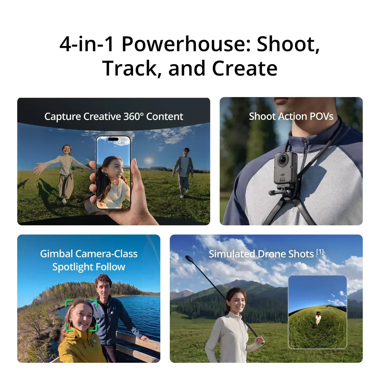 DJI OSMO 360 II 2 MARK 2, A promotional graphic for a 4-in-1 power camera feature set, with the headline '4-in-1 Powerhouse: Shoot, Track, and Create.' Below are four panels showing use cases: capturing creative 360° content with a phone in a field, shooting action POVs with a camera around the neck, gimbal camera-class spotlight follow with a couple on a lakeshore, and simulated drone shots with a person in a grassy landscape and a mirrored result inset.