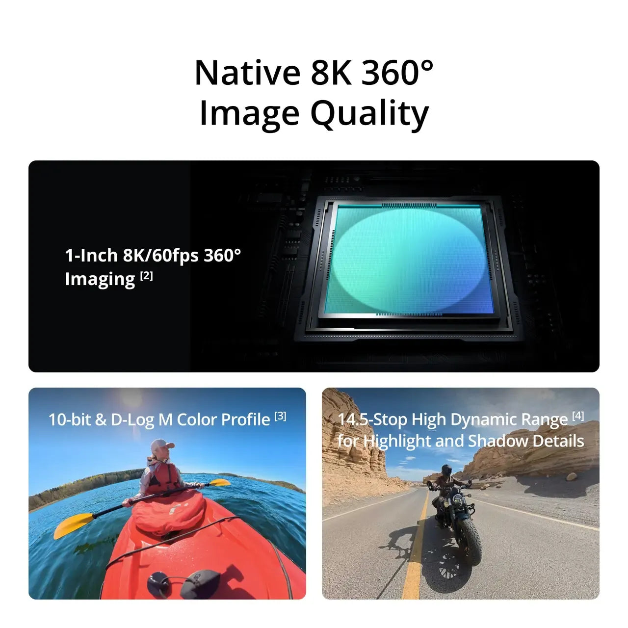 DJI OSMO 360 II 2 MARK 2, Promotional graphic for a camera lens or image processing feature, titled 'Native 8K 360° Image Quality.' The main panel shows a dark camera lens module with a blue-green circular optical element.