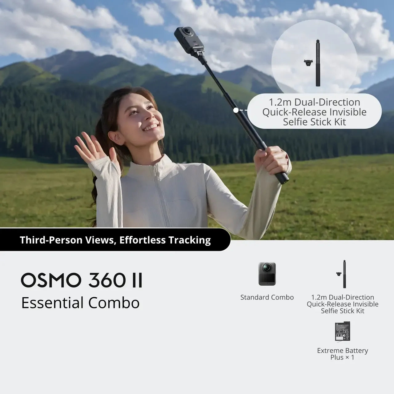 DJI OSMO 360 II 2 MARK 2, ESSENTIAL COMBO, Promotional graphic for the OSMO 360 II Essential Combo selfie stick kit. It features a woman in a light-colored jacket taking a third-person selfie with the black selfie stick in a grassy field with mountains in the background.