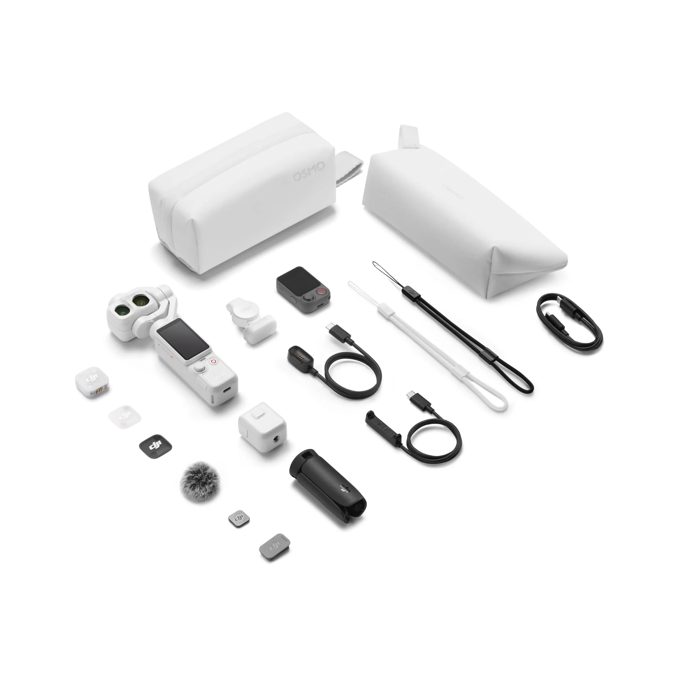DJI Osmo Pocket 4P Dual-Camera Pocket Gimbal, 1-Inch Sensor, 60mm 3x Zoom, white, vlog creator Combo, in the box. Collection of electronic accessories including a camera, earbuds, and charging cables on a white background.