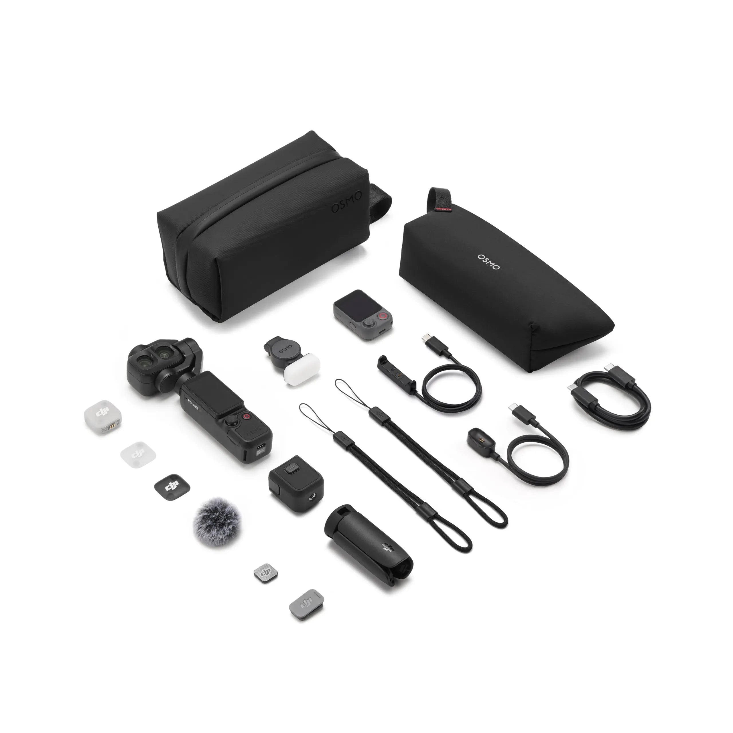 DJI Osmo Pocket 4P Dual-Camera Pocket Gimbal, 1-Inch Sensor, 60mm 3x Zoom, black, vlog creator Combo, in the box. Collection of black electronic accessories on a white background