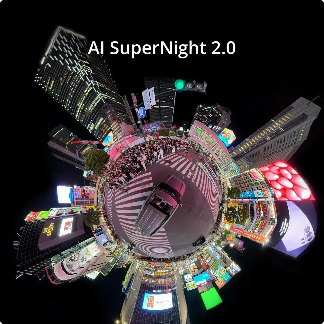 DJI OSMO 360 II 2 MARK 2, A stylized night city scene with glowing neon signs, tall buildings, a roundabout, and a car in the center, labeled with the text 'AI SuperNight 2.0' at the top.