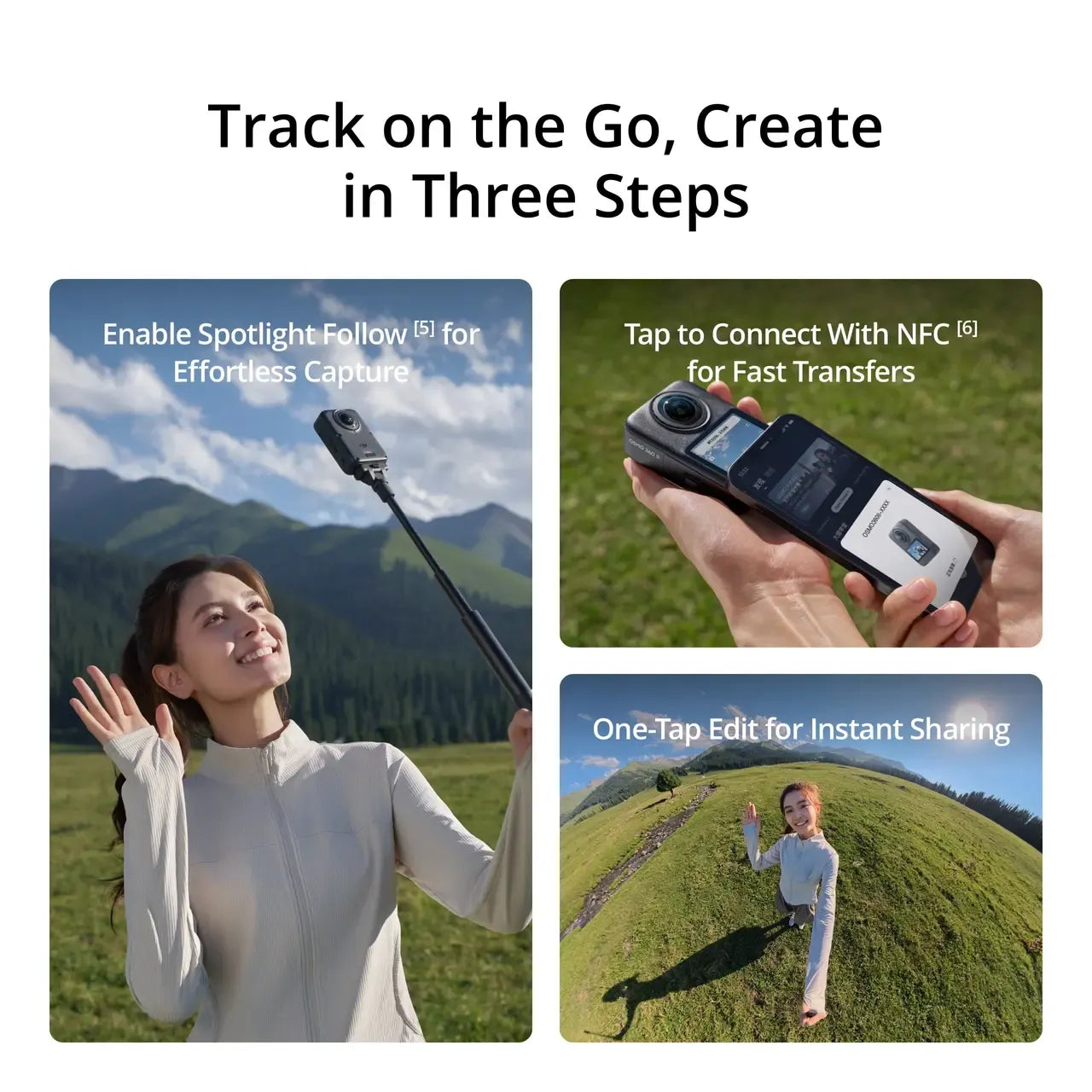 DJI OSMO 360 II 2 MARK 2, Promotional graphic with the headline 'Track on the Go, Create in Three Steps' over three inset panels showing a woman outdoors using a handheld camera with a selfie stick, a hand holding the camera near an NFC tag, and a child in a grassy field with a selfie-style photo. Text explains features like spotlight follow, NFC connection, and one-tap editing.