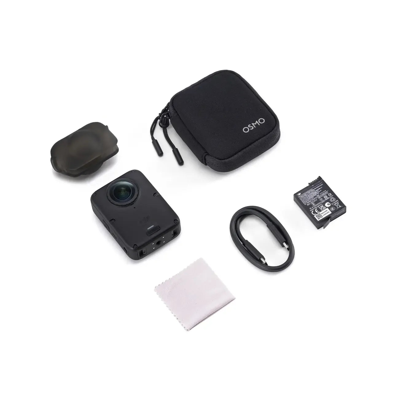 DJI OSMO 360 II 2 MARK 2, STANDARD COMBO, An Osmo action camera shown with its accessories on a clean white background: a black protective case, a small black lens cover, a black carabiner, a battery, a white cleaning cloth, and the camera itself.