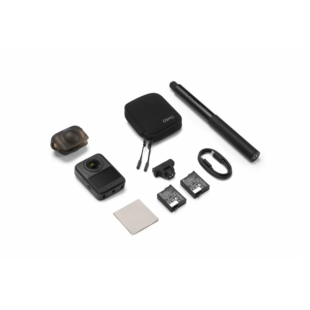 DJI OSMO 360 II 2 MARK 2, ESSENTIAL COMBO, A black action camera kit laid out on a white background, including a compact action camera, a small protective case, a zippered pouch, a pen-like accessory, a cable, two small battery or connector pieces, a lens filter, and a cleaning cloth.